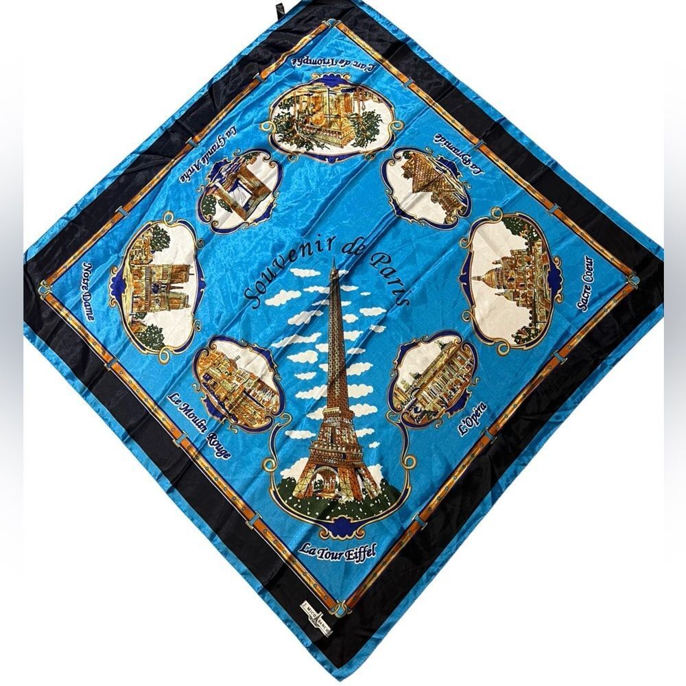 J Mico Sancho Paris scarf  blue gold polyester 34 x 34 in. Souvenir de Paris